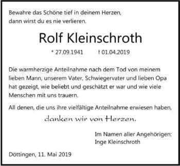 Traueranzeige von Rolf Kleinschroth 