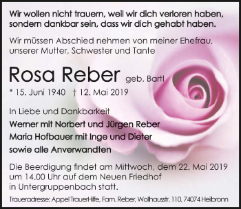 Traueranzeige von Rosa Reber 
