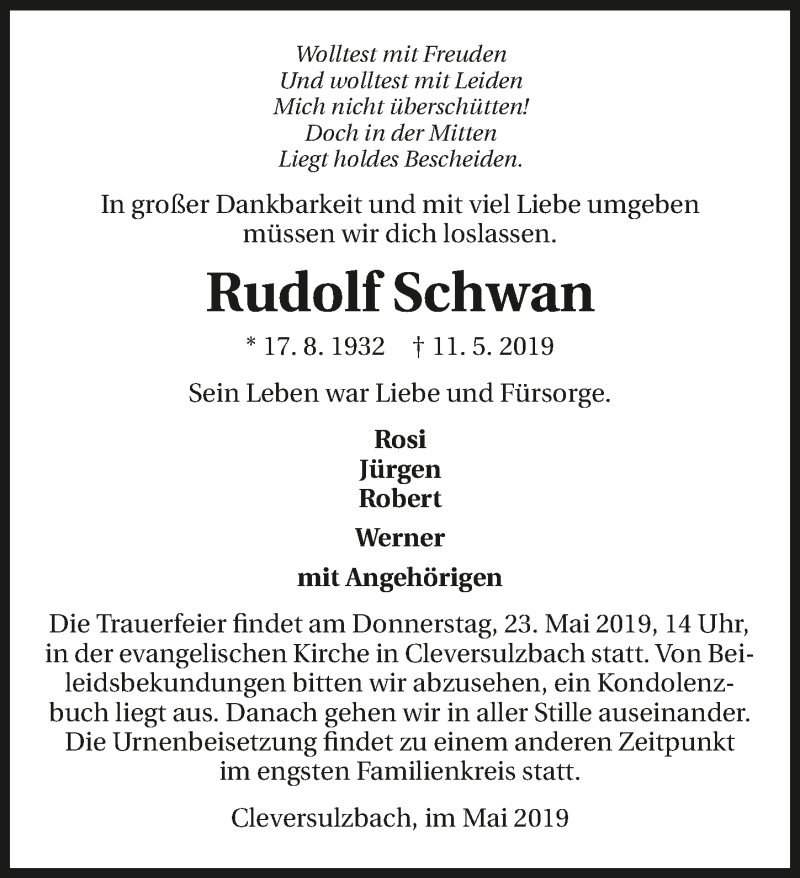  Traueranzeige für Rudolf Schwan vom 21.05.2019 aus 