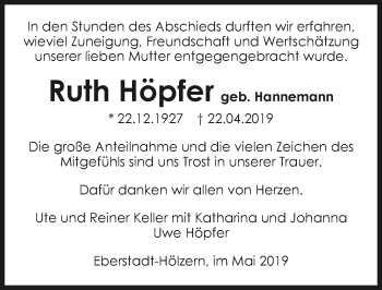 Traueranzeige von Ruth Höpfer 