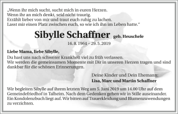 Traueranzeige von Sibylle Schaffner 