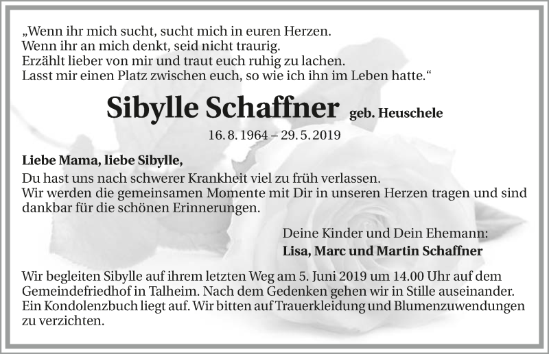  Traueranzeige für Sibylle Schaffner vom 01.06.2019 aus 