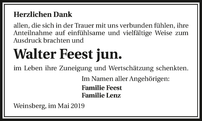  Traueranzeige für Walter Feest jun. vom 18.05.2019 aus 