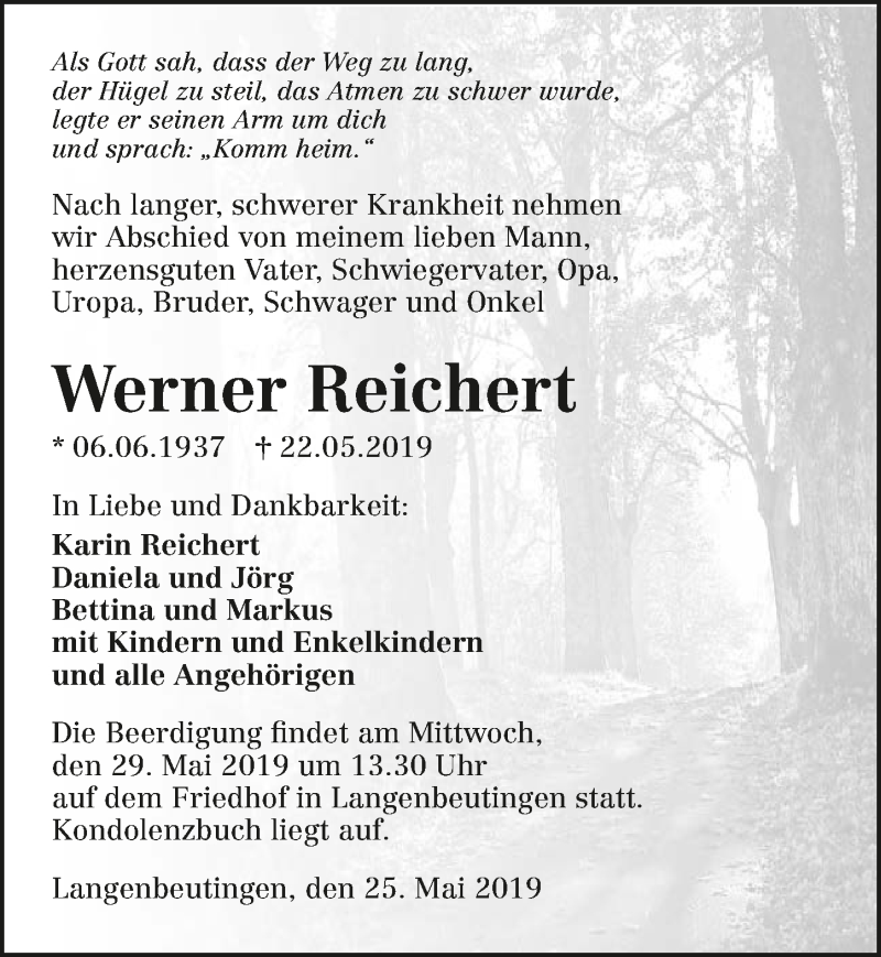  Traueranzeige für Werner Reichert vom 25.05.2019 aus 