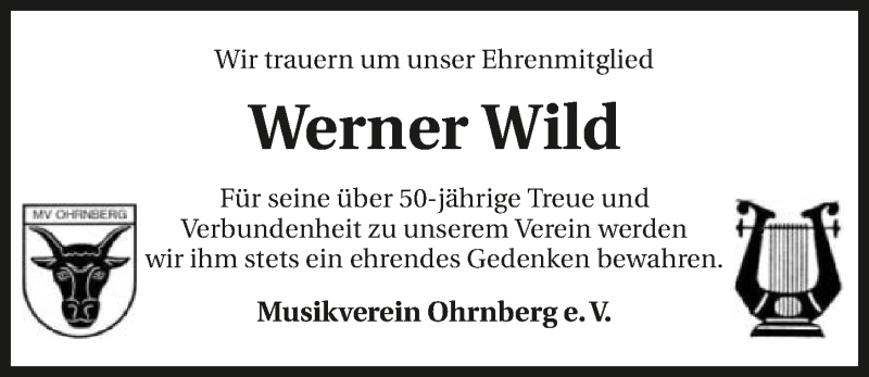  Traueranzeige für Werner Wild vom 15.05.2019 aus 