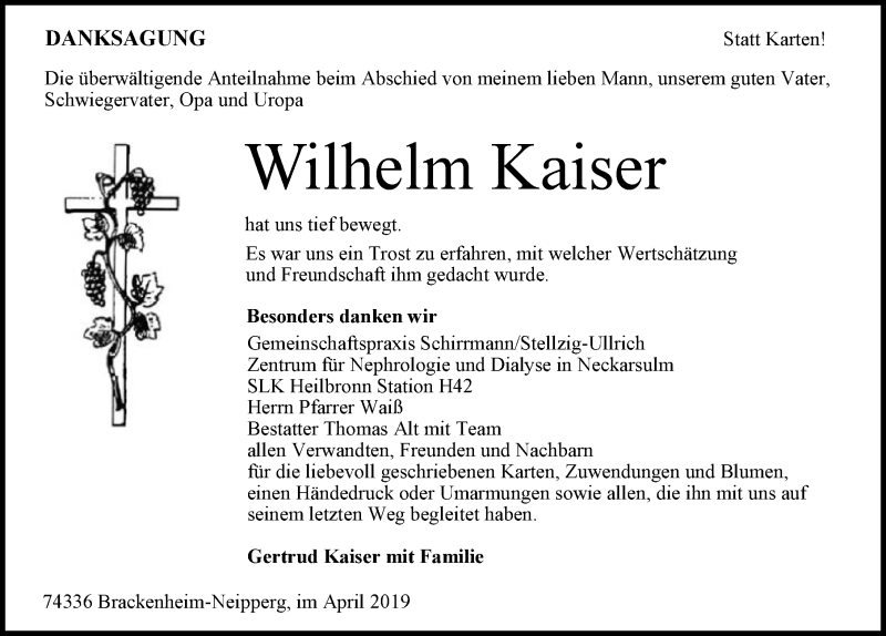  Traueranzeige für Wilhelm Kaiser vom 04.05.2019 aus 