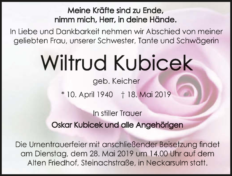  Traueranzeige für Wiltrud Kubicek vom 25.05.2019 aus 