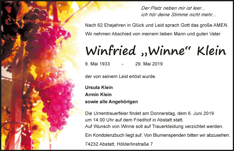  Traueranzeige für Winfried Klein vom 01.06.2019 aus 