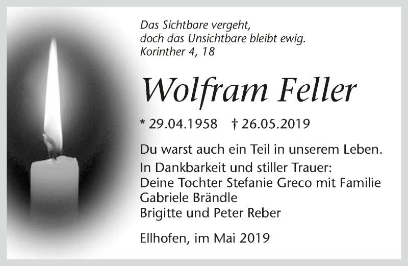  Traueranzeige für Wolfram Feller vom 31.05.2019 aus 