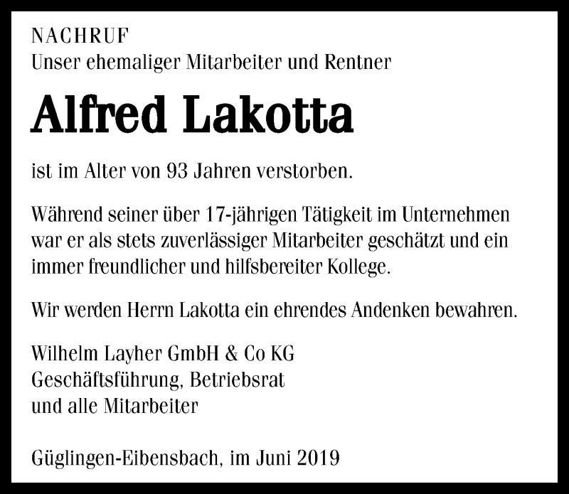  Traueranzeige für Alfred Lakotta vom 07.06.2019 aus 