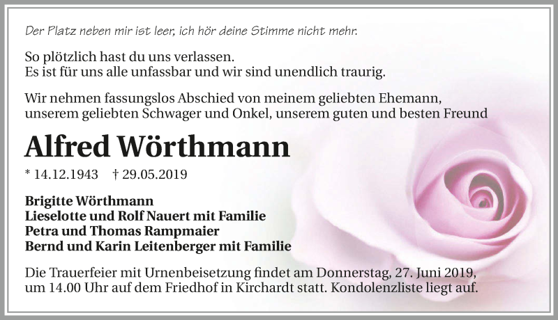  Traueranzeige für Alfred Wörthmann vom 25.06.2019 aus 