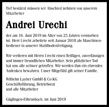 Traueranzeige von Andrei Urechi 