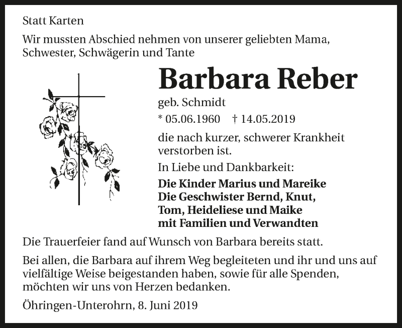  Traueranzeige für Barbara Reber vom 08.06.2019 aus 