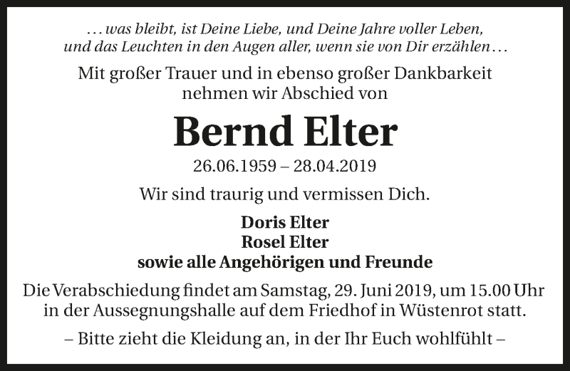  Traueranzeige für Bernd Elter vom 08.06.2019 aus 