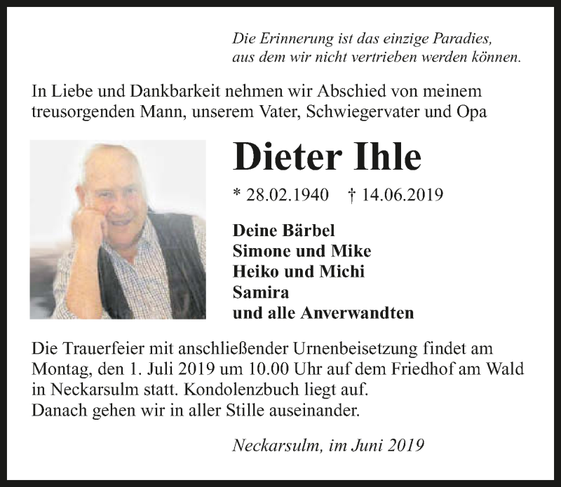  Traueranzeige für Dieter Ihle vom 22.06.2019 aus 