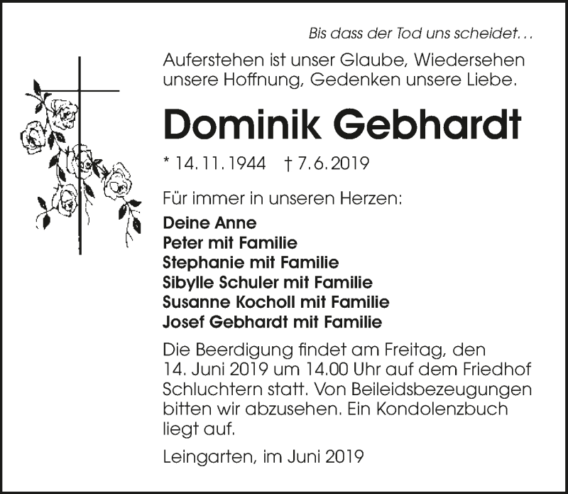  Traueranzeige für Dominik Gebhardt vom 12.06.2019 aus 