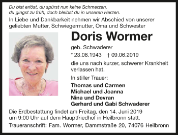 Traueranzeige von Doris Wormer
