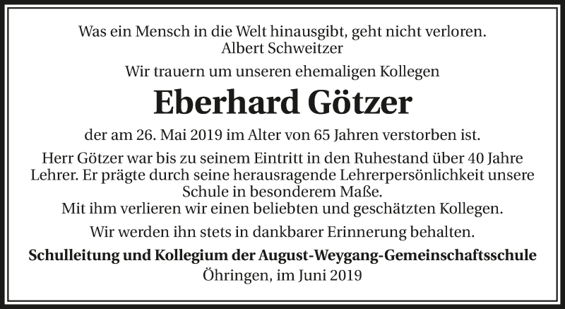  Traueranzeige für Eberhard Götzer vom 05.06.2019 aus 