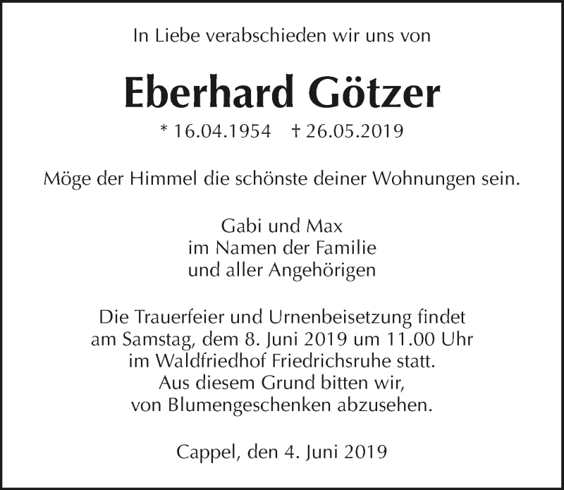  Traueranzeige für Eberhard Götzer vom 04.06.2019 aus 
