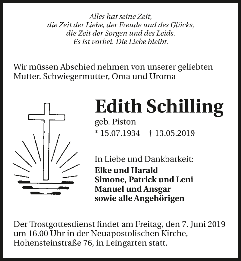  Traueranzeige für Edith Schilling vom 04.06.2019 aus 
