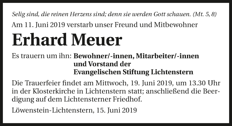  Traueranzeige für Erhard Meuer vom 15.06.2019 aus 