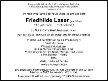 Traueranzeige von Friedhilde Laser 