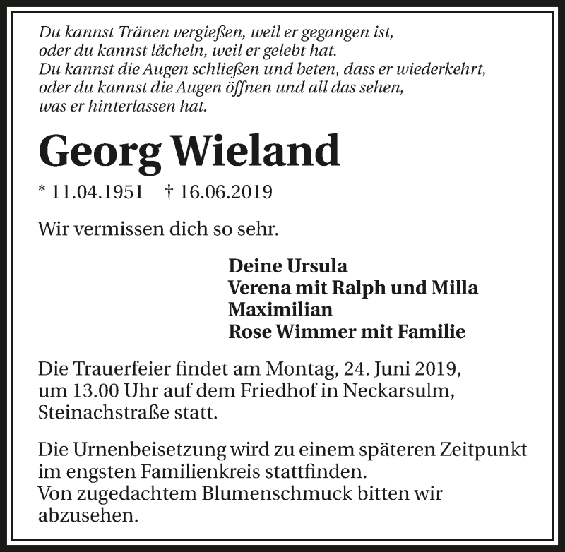  Traueranzeige für Georg Wieland vom 21.06.2019 aus 