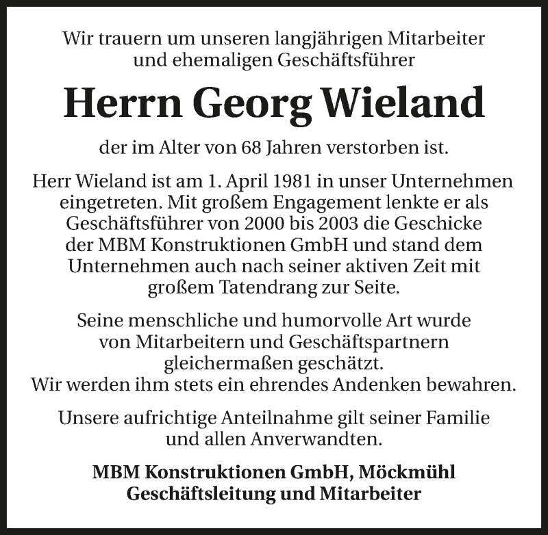  Traueranzeige für Georg Wieland vom 21.06.2019 aus 