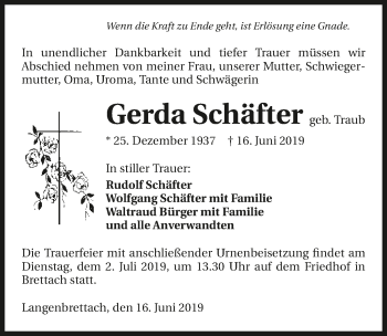 Traueranzeige von Gerda Schäfter 