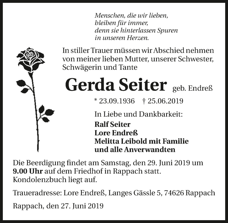  Traueranzeige für Gerda Seiter vom 27.06.2019 aus 