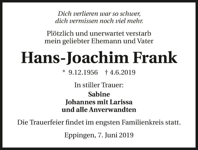  Traueranzeige für Hans-Joachim Frank vom 07.06.2019 aus 