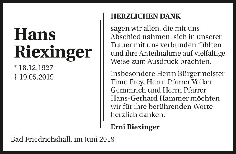  Traueranzeige für Hans Riexinger vom 12.06.2019 aus 