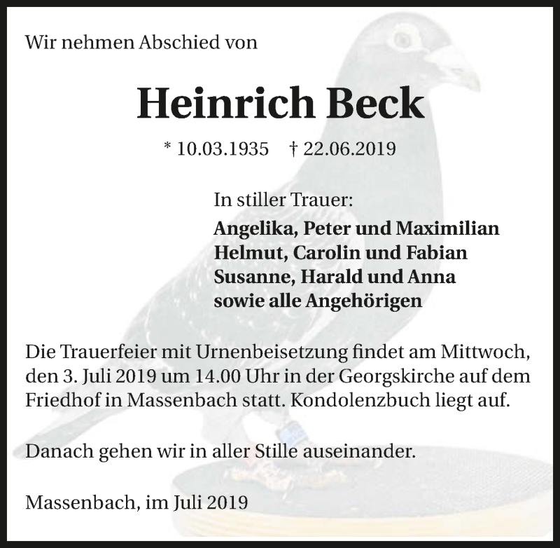  Traueranzeige für Heinrich Beck vom 29.06.2019 aus 