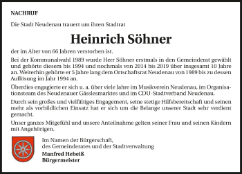 Traueranzeige von Heinrich Söhner 