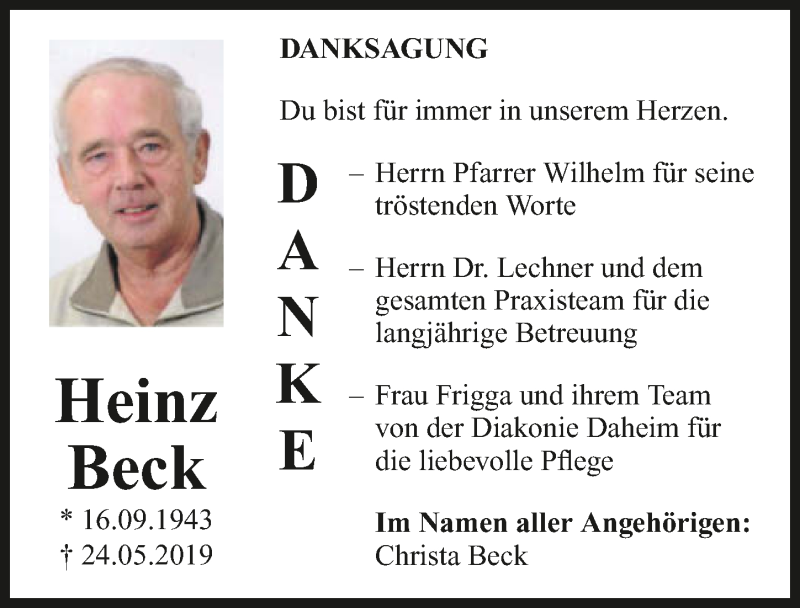  Traueranzeige für Heinz Beck vom 15.06.2019 aus 