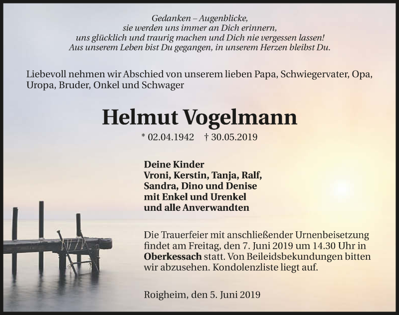  Traueranzeige für Helmut Vogelmann vom 05.06.2019 aus 
