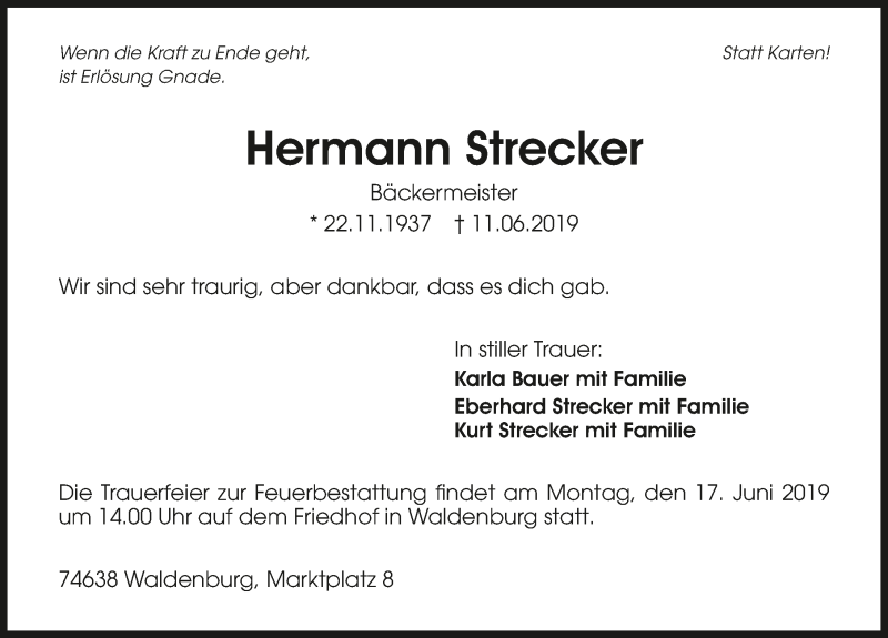  Traueranzeige für Hermann Strecker vom 14.06.2019 aus 