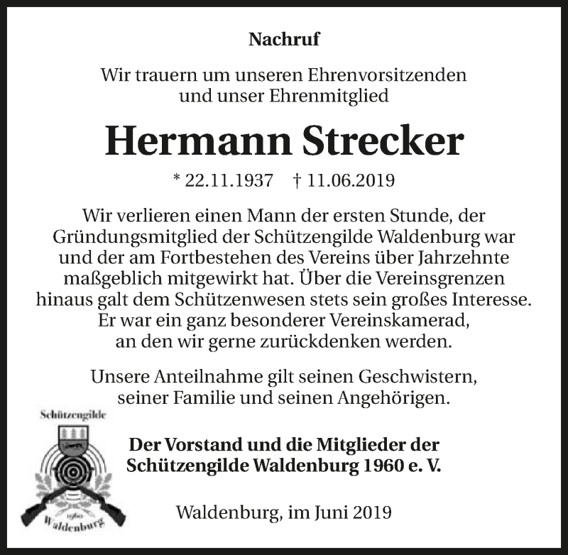  Traueranzeige für Hermann Strecker vom 14.06.2019 aus 