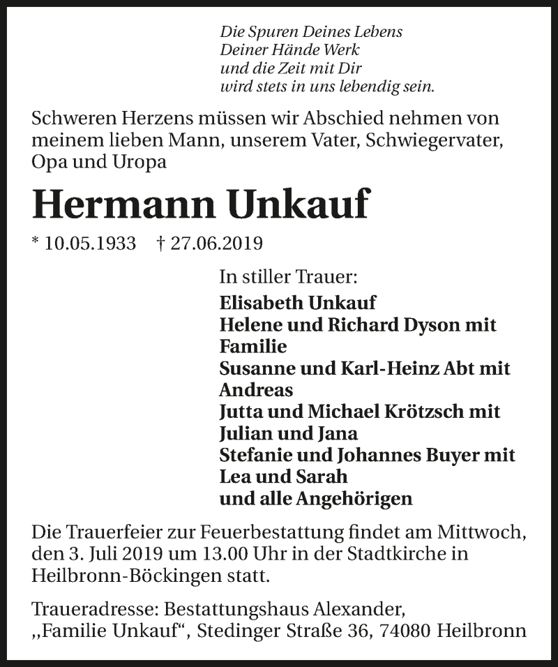  Traueranzeige für Hermann Unkauf vom 01.07.2019 aus 