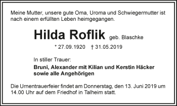 Traueranzeige von Hilda Roflik 
