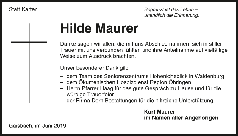  Traueranzeige für Hilde Maurer vom 29.06.2019 aus 