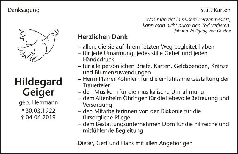  Traueranzeige für Hildegard Geiger vom 27.06.2019 aus 