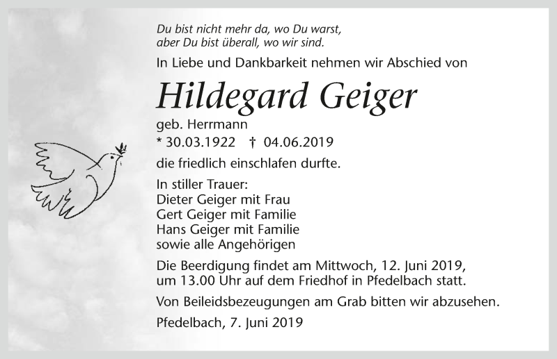  Traueranzeige für Hildegard Geiger vom 07.06.2019 aus 