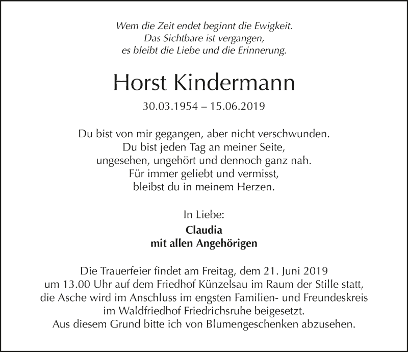  Traueranzeige für Horst Kindermann vom 18.06.2019 aus 