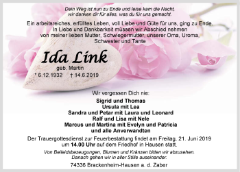 Traueranzeige von Ida Link 