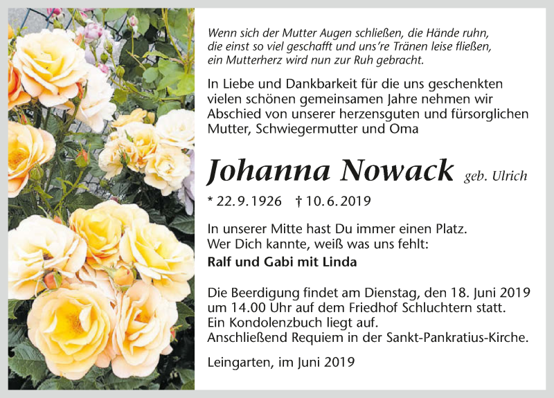  Traueranzeige für Johanna Nowack vom 14.06.2019 aus 