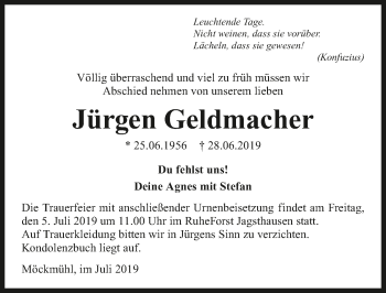 Traueranzeige von Jürgen Geldmacher 
