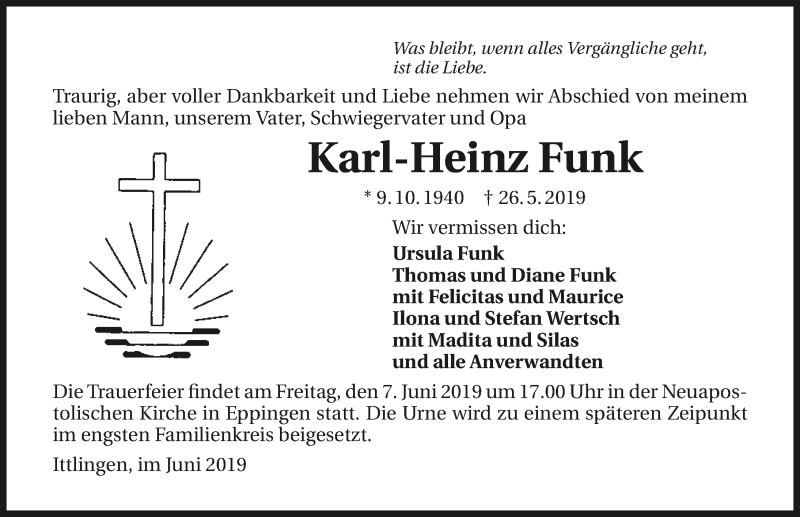  Traueranzeige für Karl-Heinz Funk vom 03.06.2019 aus 