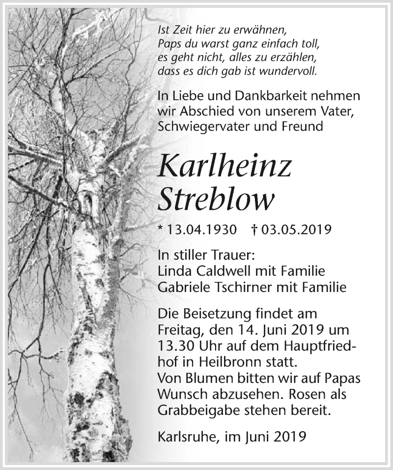  Traueranzeige für Karlheinz Streblow vom 08.06.2019 aus 