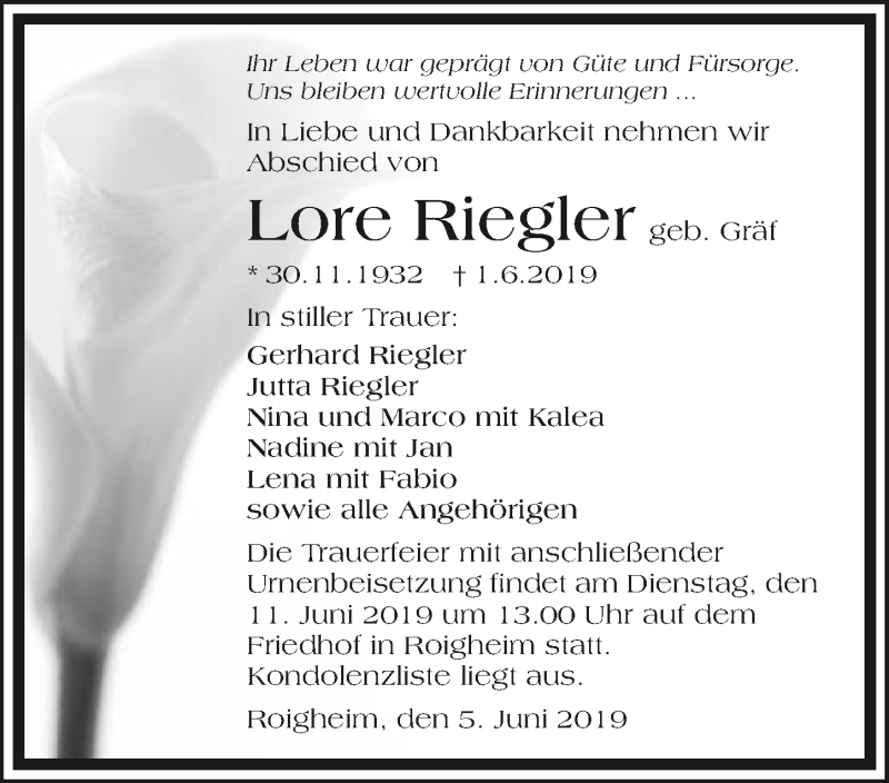  Traueranzeige für Lore Riegler vom 07.06.2019 aus 